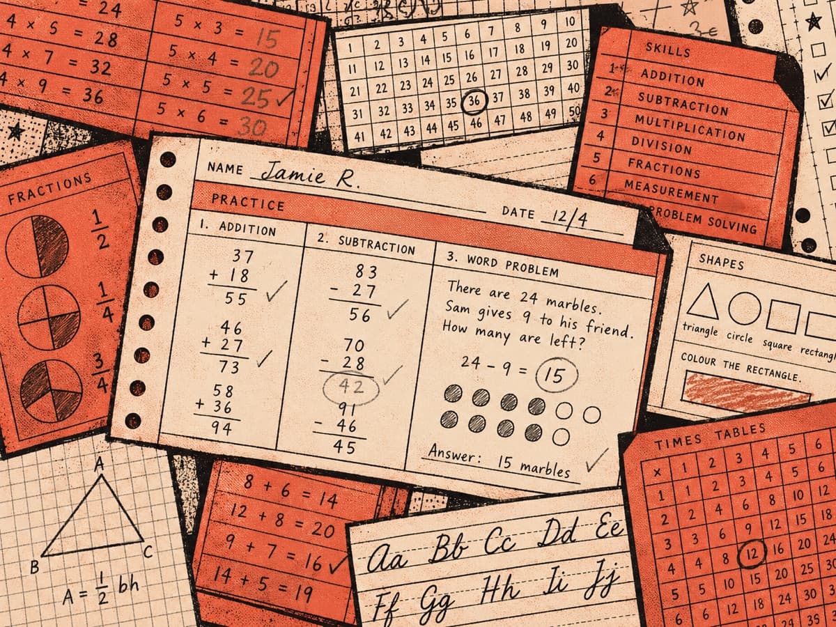 A pile of maths worksheets: times tables, fractions, and a practice sheet with one answer circled.